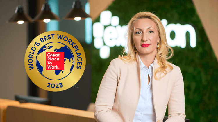 World's best workplaces image of logo and woman smiling at the camera in front of the Experian logo